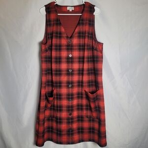 Loft Outlet Red & Black Plaid Holiday Vneck Faux Button Midi Dress Size 16